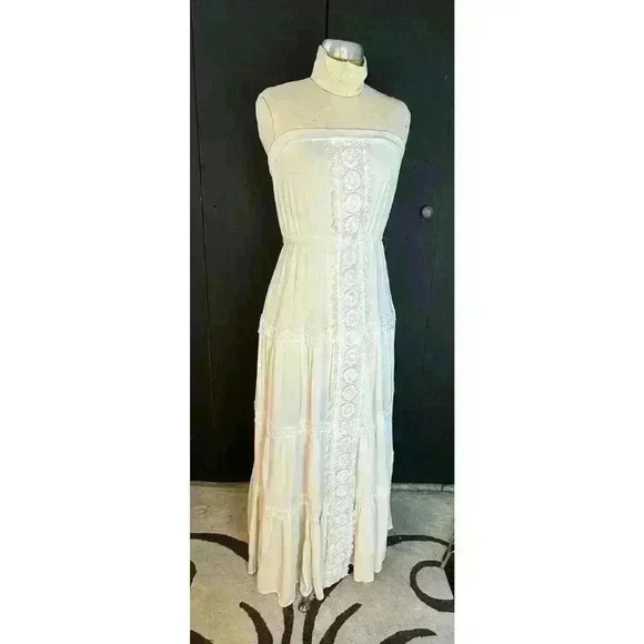 Justily Maxi Dress Women Size M White Lined Vacation Island Beach Swim Strapless - Picture 2 of 14